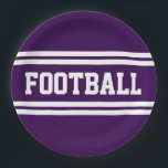 Assiettes En Carton FOOTBALL Sportif Violet Violet Blanc Stripes De Co<br><div class="desc">Ce design sportif présente un texte de FOOTBALL athlétique audacieux à l'intérieur de larges bandes de course blanches horizontales jumelles contre un arrière - plan violet profond.</div>