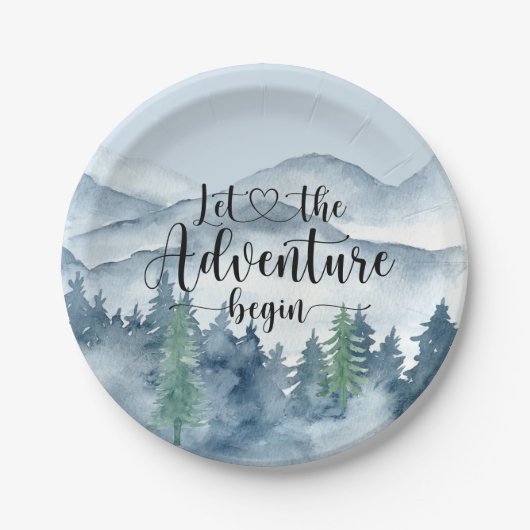 Assiettes En Carton Forest Adventure Mountains Baby shower bleu (Devant)