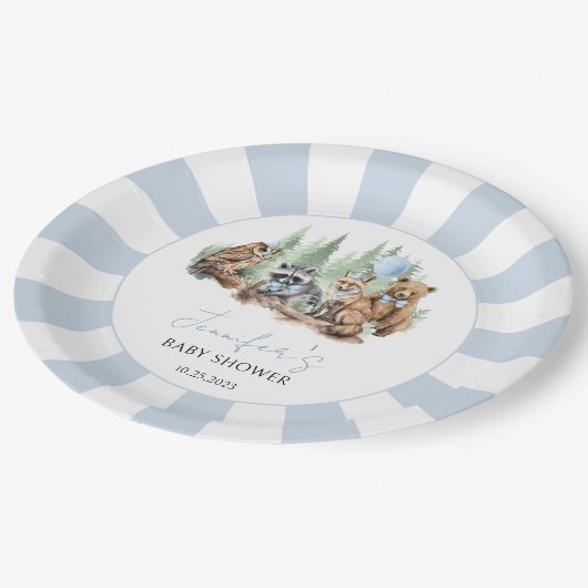 Assiettes En Carton Forêt Bois animaux bleu garçon baby shower (Angle)