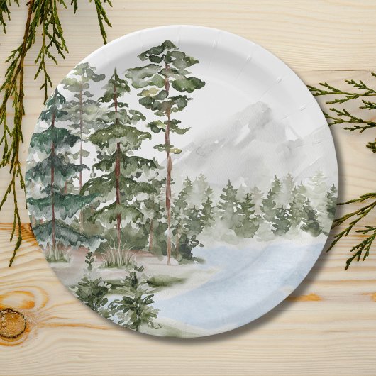 Assiettes En Carton Forêt de pin vert monogramme et lac