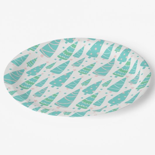 Assiettes En Carton Forêt de sapins de Noël Pastel (Angle)