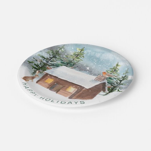 Assiettes En Carton Forêt d'hiver, cabine à billes, robin (Angle)