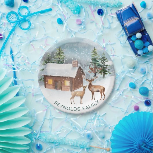 Assiettes En Carton Forêt d'hiver, cabine de bois, cerf (Fête)
