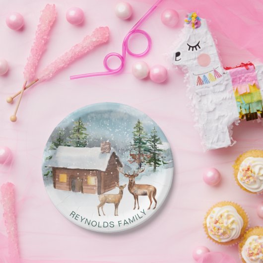 Assiettes En Carton Forêt d'hiver, cabine de bois, cerf (Fête)