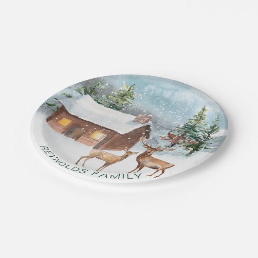 Assiettes En Carton Forêt d'hiver, cabine de bois, cerf (Angle)