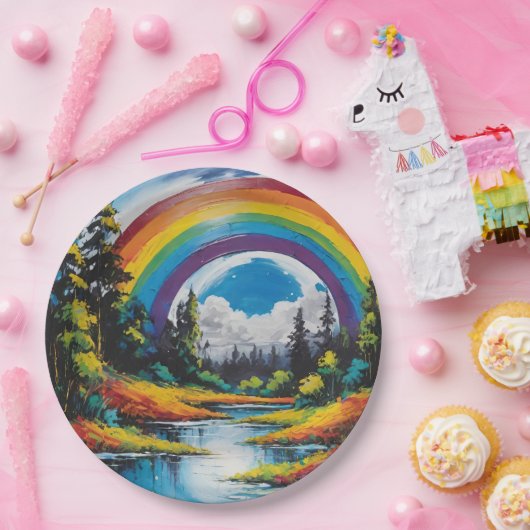 Assiettes En Carton Forêt Naturelle Extérieure Rivière Et Arc En Ciel (Fête)