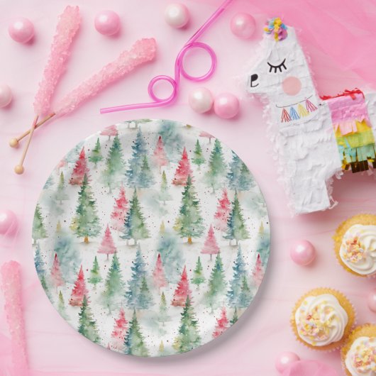 Assiettes En Carton Forêt, Red Green Pine Trees (Fête)