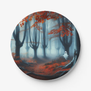 Assiettes En Carton Forêts éffrayantes d'automne avec un fantôme