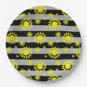 Assiettes En Carton Formes Abstraites de Soleil sur Rayures Grises et