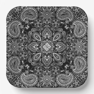 Assiettes En Carton Foulard orné noir et blanc