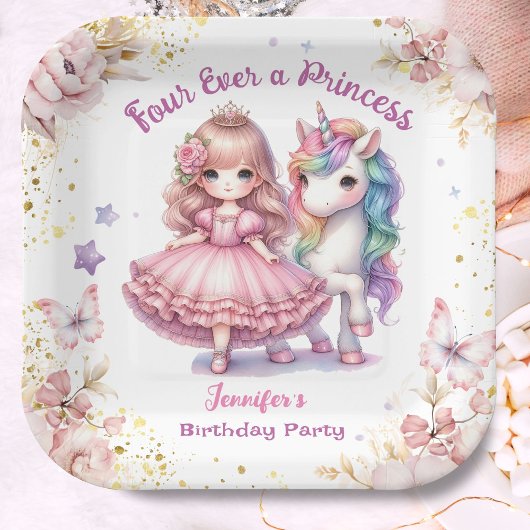 Assiettes En Carton Four Ever A Princess Unicorn 4e anniversaire