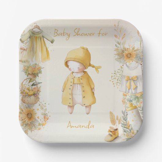 Assiettes En Carton Fournitures pour bébé jaune aquarelle (Recto)