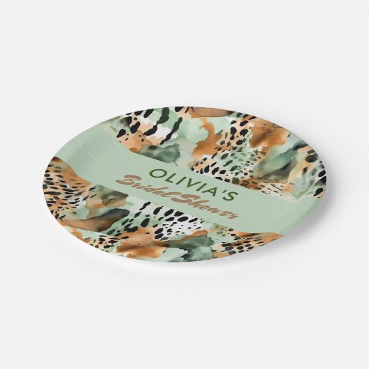 Assiettes En Carton Fourrure Motif Safari Animaux Sage Vert Beige (Angle)