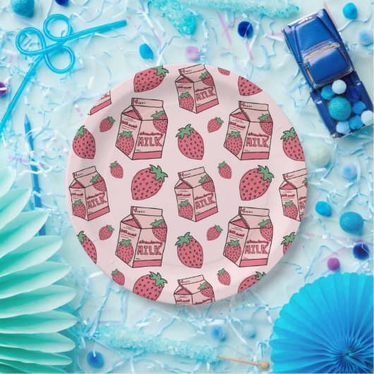 Assiettes En Carton Fraise rose Lait Motif fête d'anniversaire (Fête)