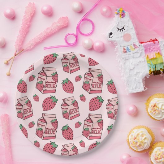 Assiettes En Carton Fraise rose Lait Motif fête d'anniversaire (Fête)