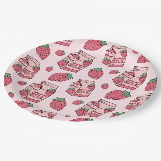Assiettes En Carton Fraise rose Lait Motif fête d'anniversaire (Angle)