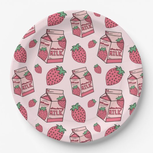 Assiettes En Carton Fraise rose Lait Motif fête d'anniversaire (Devant)