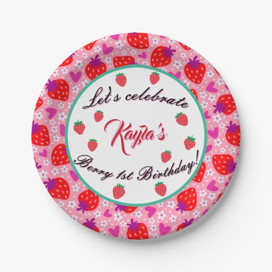 Assiettes En Carton Fraise rose Premier anniversaire (Devant)