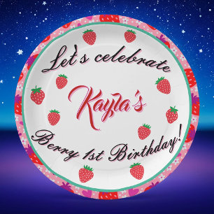 Assiettes En Carton Fraise rose Premier anniversaire