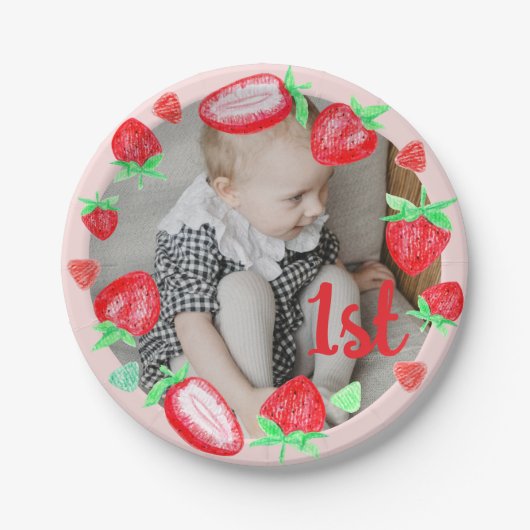 Assiettes En Carton Fraises 1er anniversaire baie première (Devant)