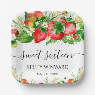 Assiettes En Carton Fraises et fleurs à l'aquarelle Sweet Sixteen