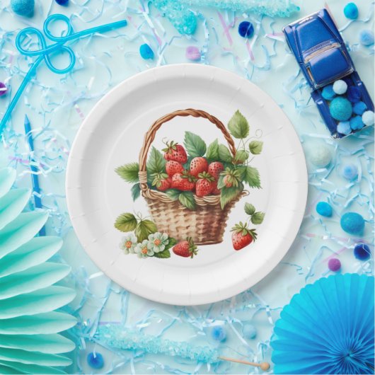 Assiettes En Carton Fraises fraîches dans un panier en osier (Fête)