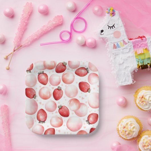 Assiettes En Carton Fraises rouges et ballons roses Élégant mignon (Fête)