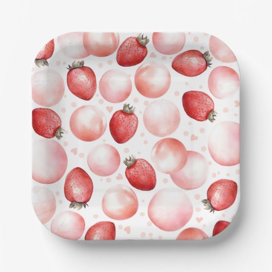 Assiettes En Carton Fraises rouges et ballons roses Élégant mignon (Recto)