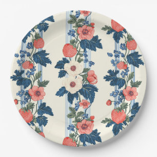 Assiettes En Carton Fraises vintages et Feuilles bleus motif floral
