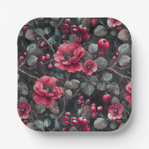 Assiettes En Carton Framboise, fleurs bordeaux sur fond gris foncé