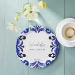 Assiettes En Carton Français Blue Méditerranée tuiles nuptiale douche<br><div class="desc">Blue Majolica Mexicaine Talavera Espagnol Français Méditerranéen tuiles nuptiale douche imprimé plaques de papier modèle. Carreaux d'aquarelle moderne couleurs bleues avec écriture moderne police personnalisées vaisselle imprimée assiettes décoration de table personnalisée</div>