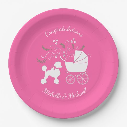 Assiettes En Carton Français Poodle Chien Baby shower Chien Chiot Rose (Devant)