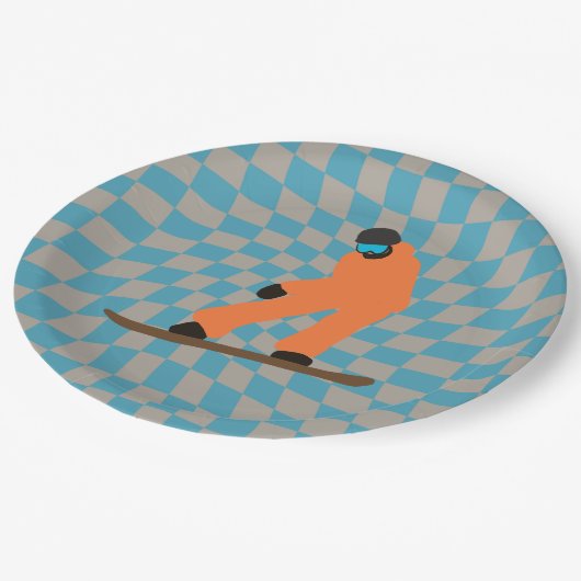 Assiettes En Carton Freeride Snowboardeur En Costume Orange À damiers (Angle)
