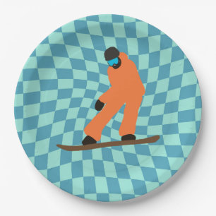 Assiettes En Carton Freeride Snowboardeur En Costume Orange À damiers