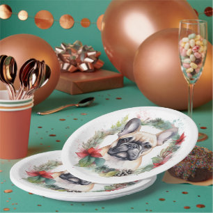 Assiettes En Carton French Bulldog Christmas Wreath Festive Pup
