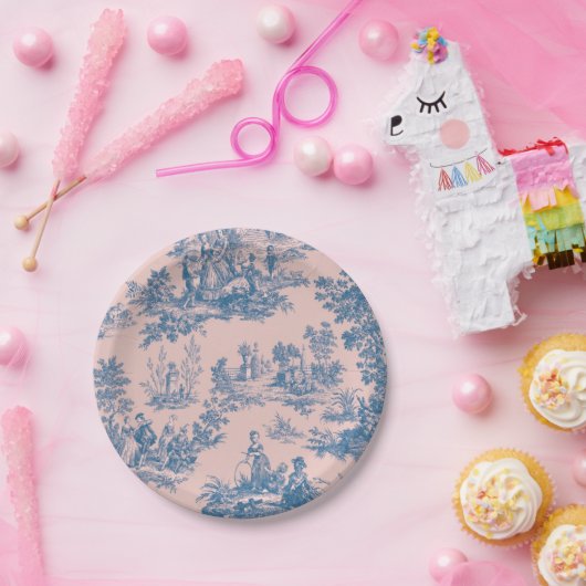 Assiettes En Carton French toile de jouy bleu et rose élégant (Fête)
