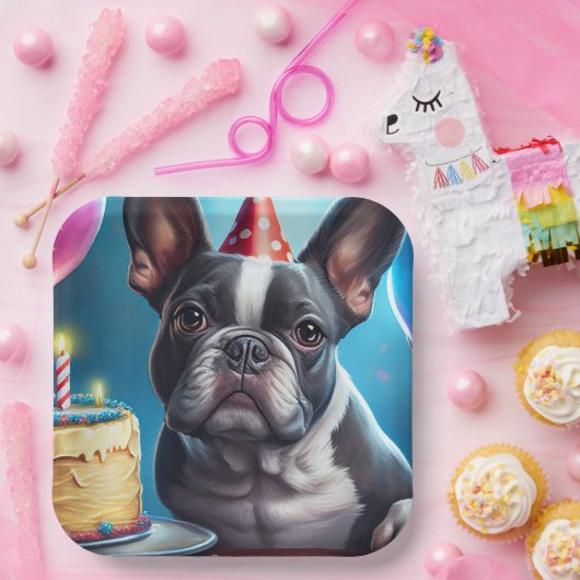 Assiettes En Carton Frenchie Birthday Bash : Un mignon Bulldog françai (Fête)