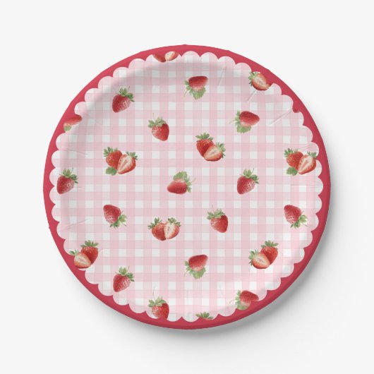 Assiettes En Carton Fresh Strawberry with Pink Gingham Pattern (Devant)