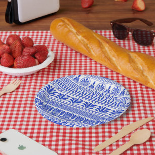 Assiettes En Carton Fret grec, Motif méditerranéen, Bleu