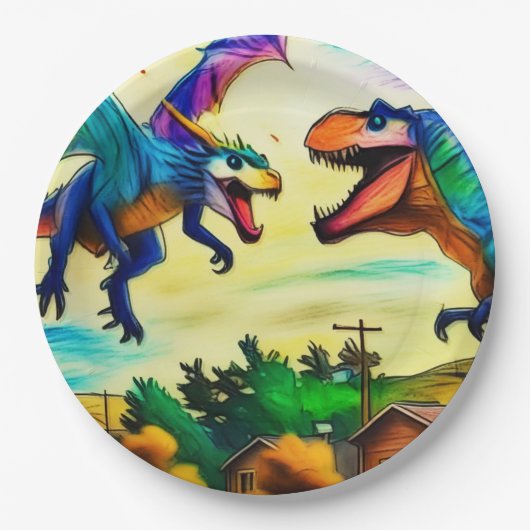 Assiettes En Carton Friendly Encounter - Dragon and Dinosaur (Devant)