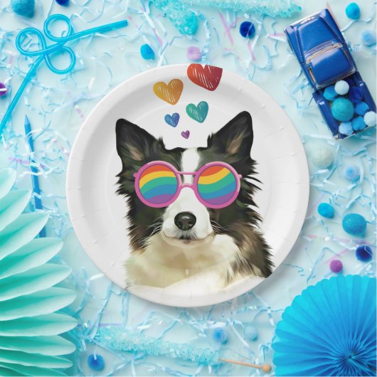 Assiettes En Carton Frontière Collie Chien avec Coeurs Saint-Valentin (Fête)