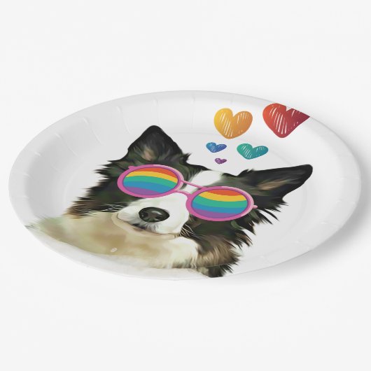 Assiettes En Carton Frontière Collie Chien avec Coeurs Saint-Valentin (Angle)