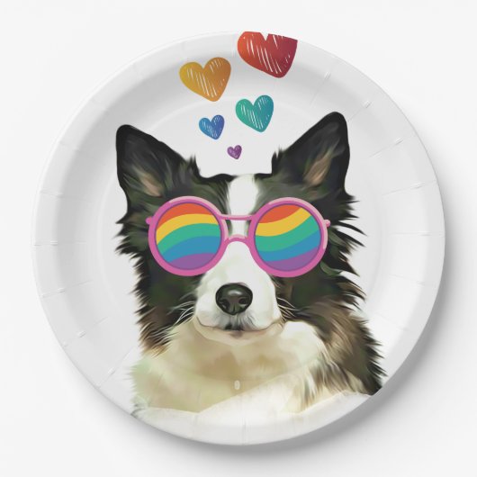 Assiettes En Carton Frontière Collie Chien avec Coeurs Saint-Valentin (Devant)