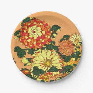 Assiettes En Carton Frontière de fleur, mandarine et or japonais
