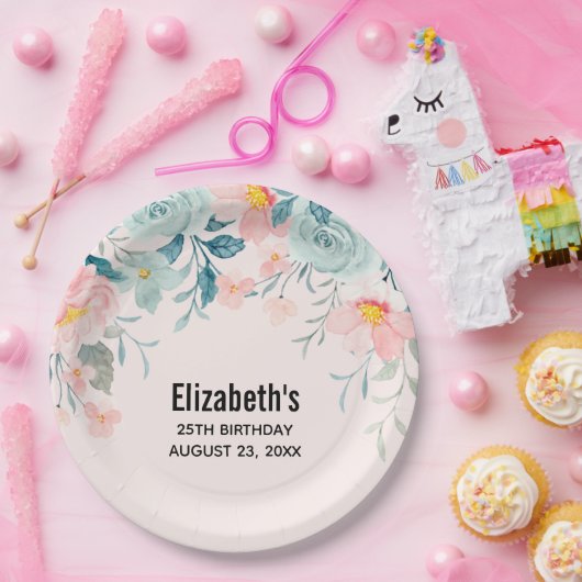 Assiettes En Carton Frontière rose et verte Florale Anniversaire (Fête)