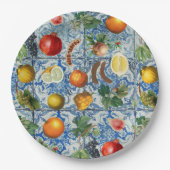 Assiettes En Carton Fruit d'été méditerranéen & Mosaïque Bleue Blanc (Devant)