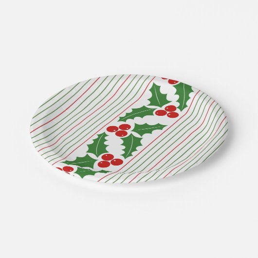 Assiettes En Carton Fruit et rouge, rayures vertes Noël (Angle)