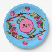 Assiettes En Carton Fruit rose cerise sur Turquoise avec initiales (Devant)
