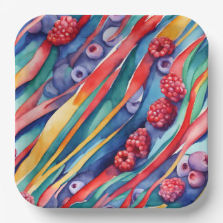 Assiettes En Carton Fruits de baies et rayures colorées fraîches