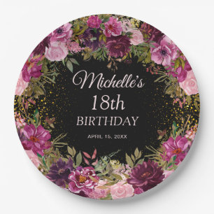 Assiettes En Carton Fuchsia Burgundy Floral Glitter Noir 18e Anniversa